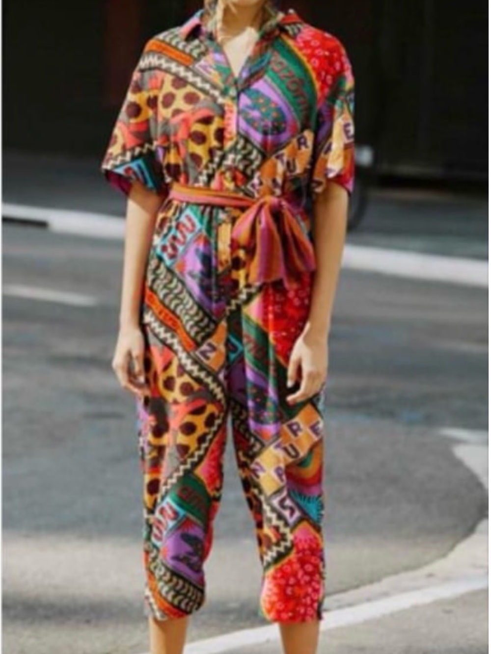 Farm Rio dotted patch jumpsuit XS Vibrant Multicolor Printed with Waist Tie